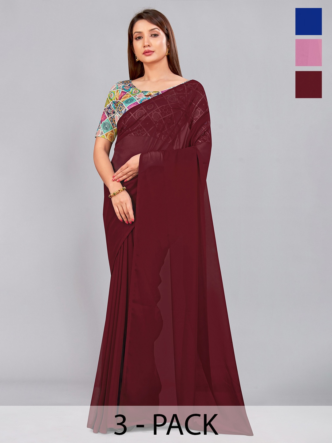 

CastilloFab Selection Of 3 Pure Georgette Saree, Maroon