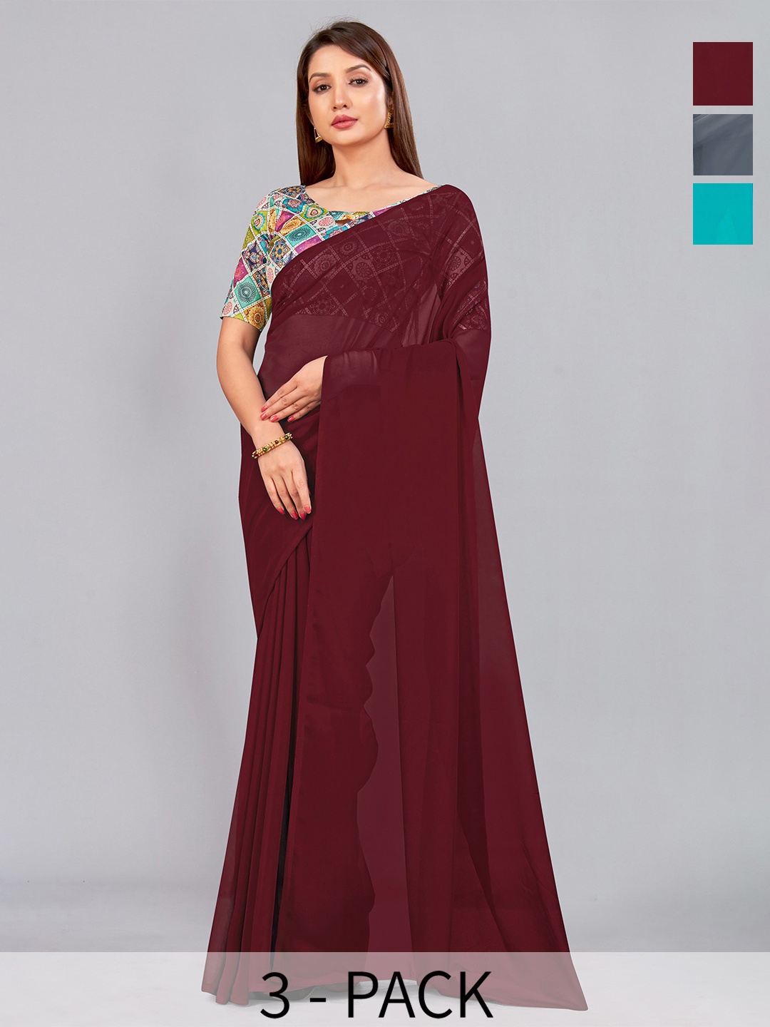 

CastilloFab Selection of 3 Pure Georgette Saree, Maroon