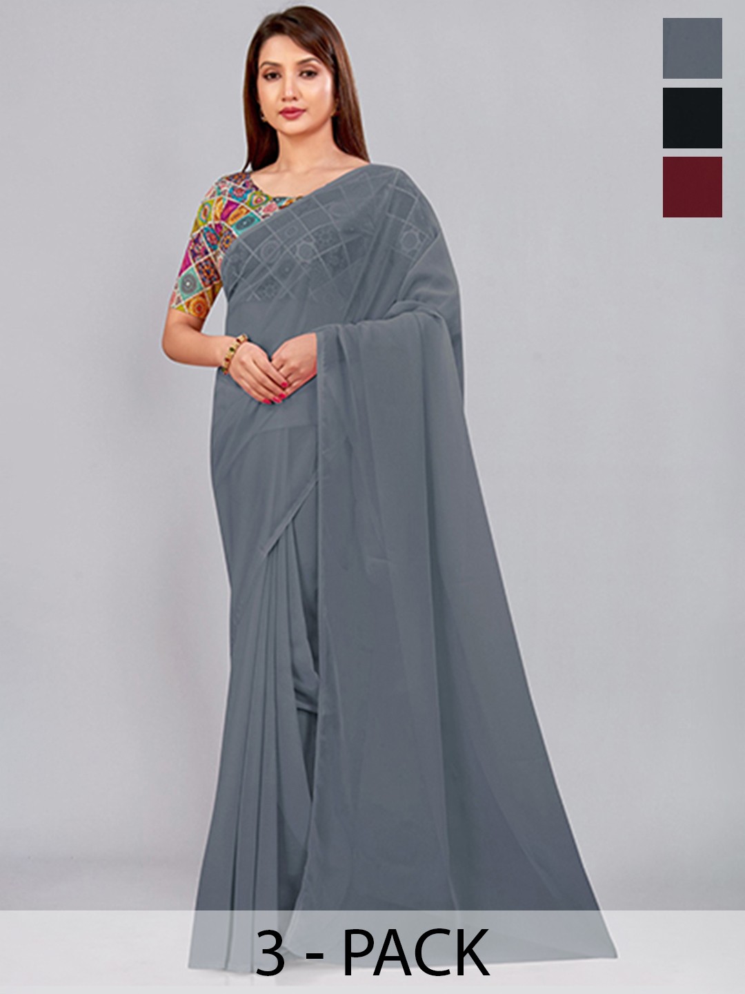 

CastilloFab Selection of 3 Pure Georgette Saree, Maroon