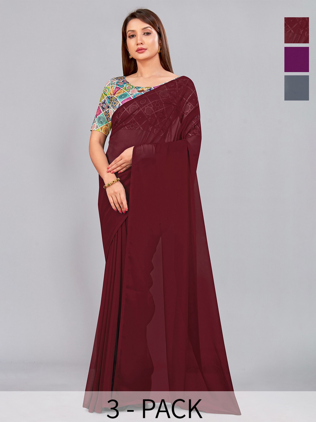 

CastilloFab Selection Of 3 Pure Georgette Sarees, Maroon