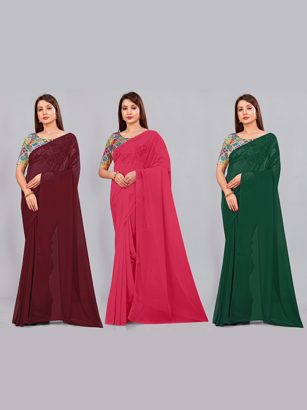 

CastilloFab Selection of 3 Pure Georgette Saree, Maroon