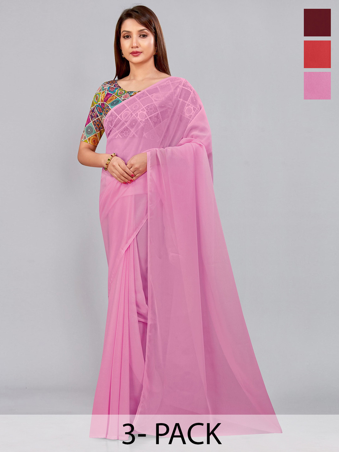 

CastilloFab Selection Of 3 Pure Georgette Saree, Maroon