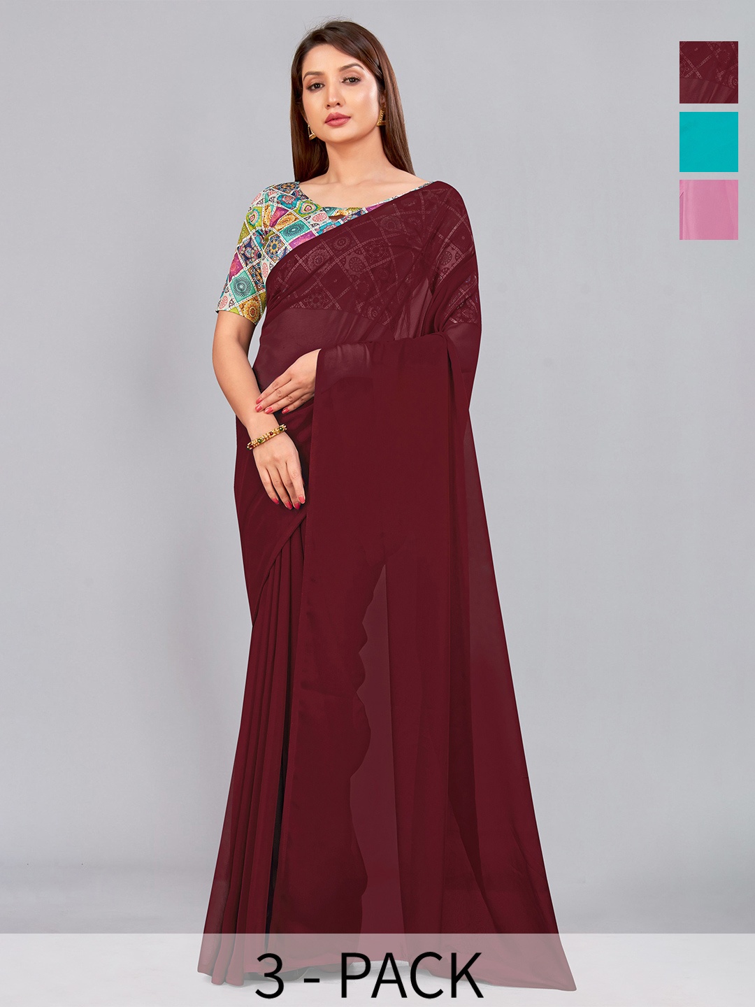 

CastilloFab Selection Of 3 Pure Georgette Sarees, Maroon