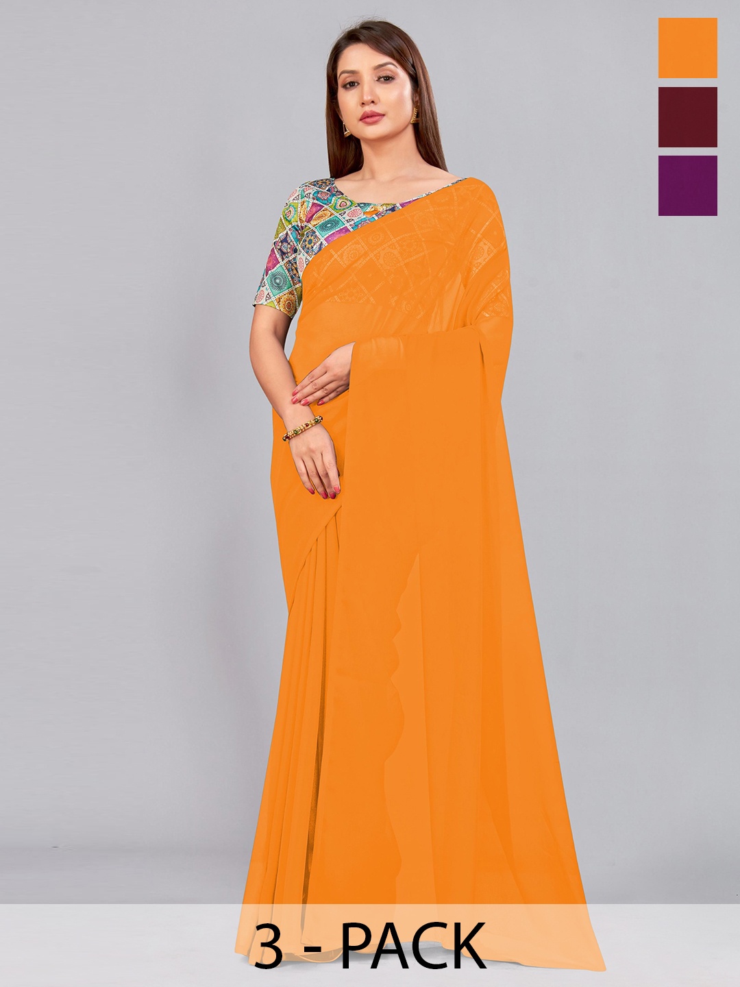 

CastilloFab Selection of 3 Pure Georgette Saree, Maroon