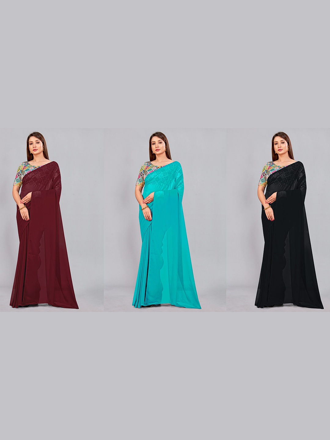 

CastilloFab Selectin Of 3 Ethnic Pure Georgette Sarees, Maroon