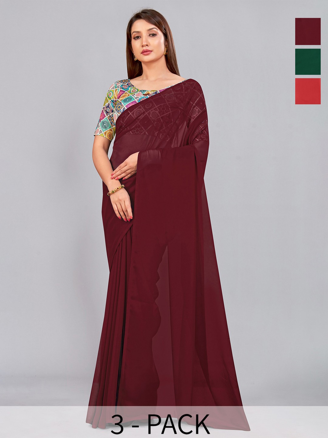 

CastilloFab Selection of 3 Pure Georgette Saree, Maroon
