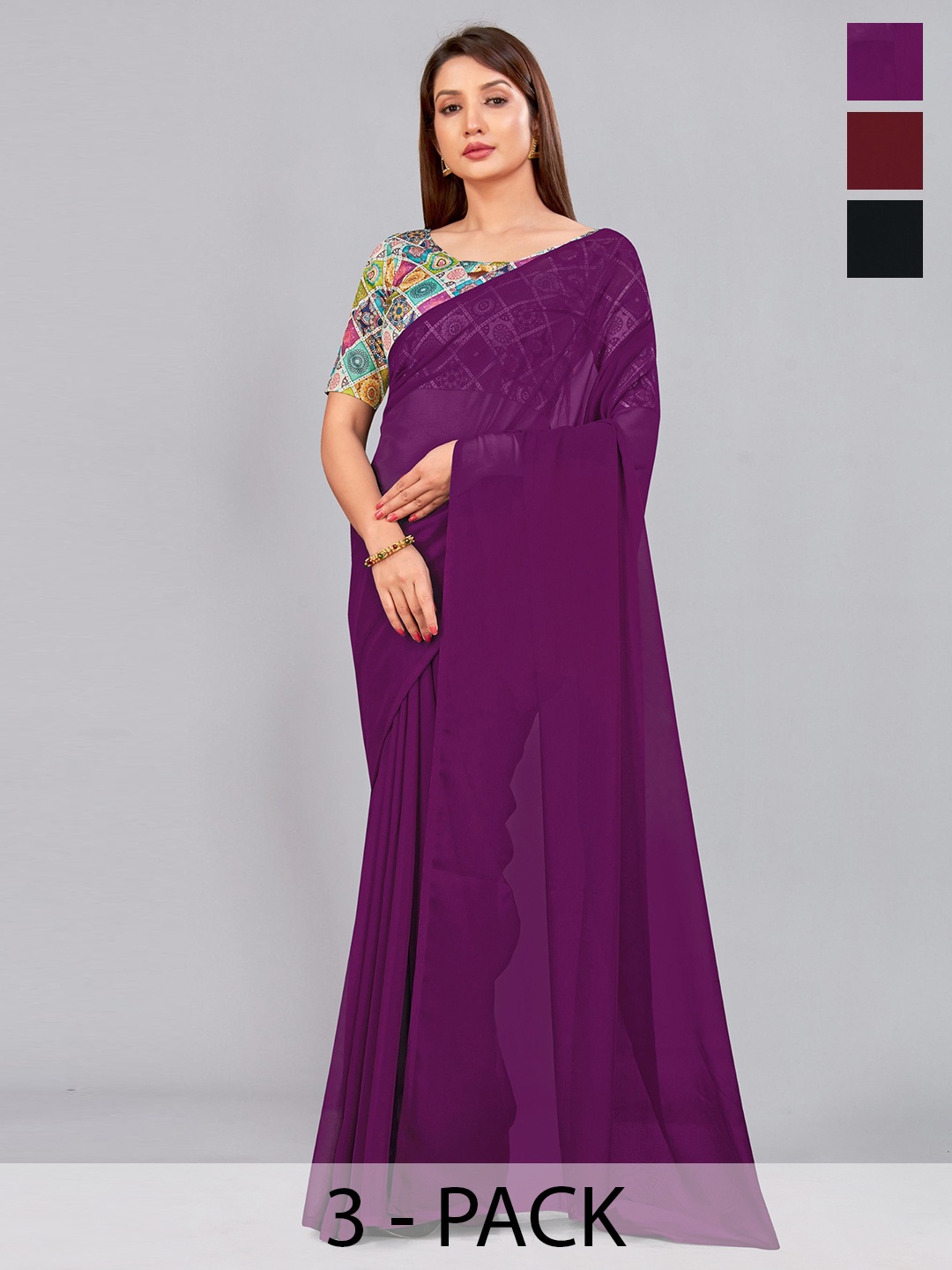 

CastilloFab Selection of 3 Pure Georgette Saree, Maroon