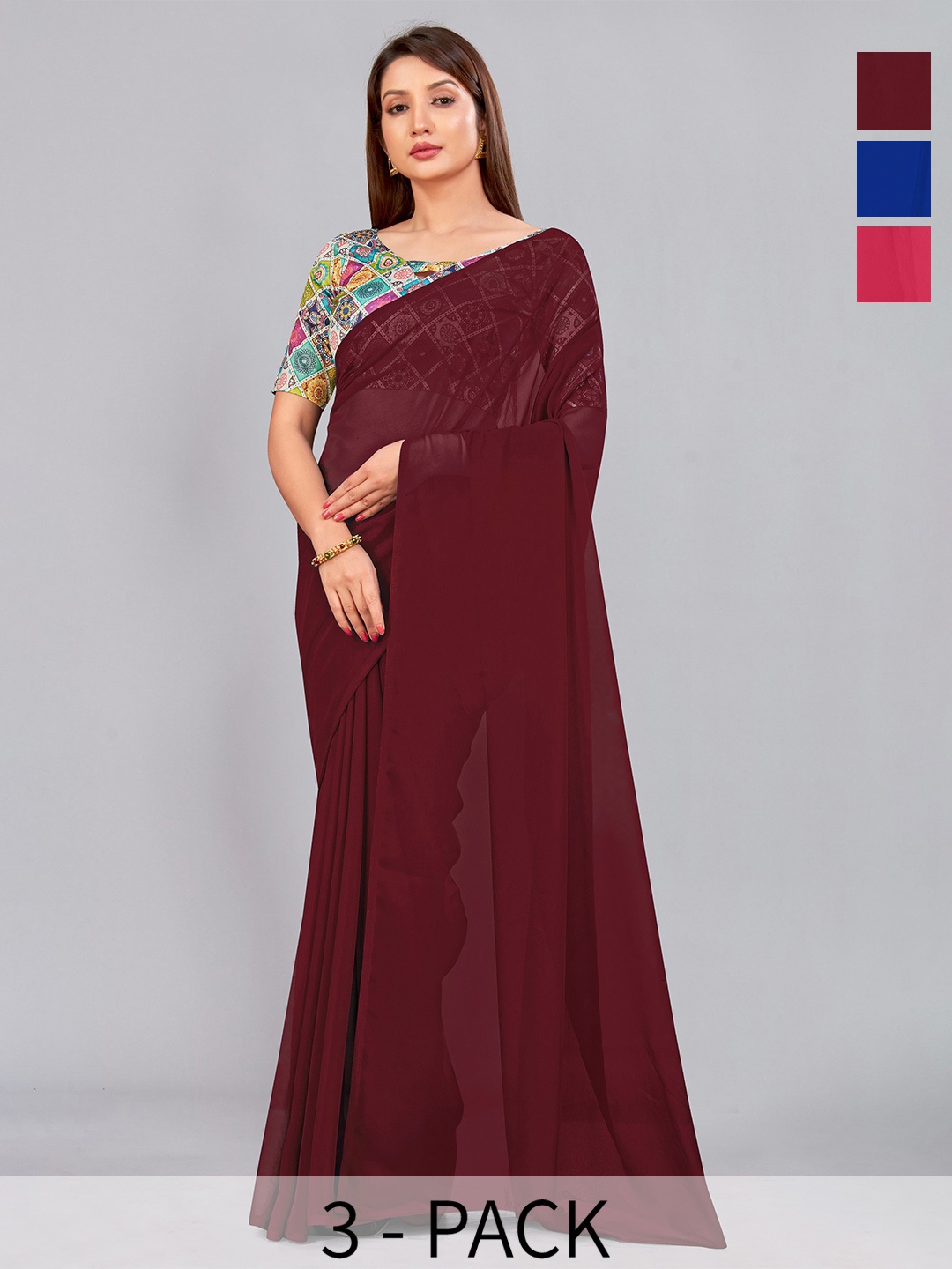 

CastilloFab Selection of 3 Pure Georgette Saree, Maroon