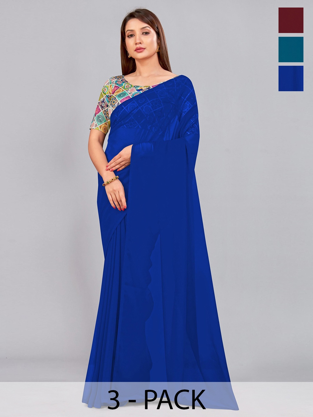 

CastilloFab Selection of 3 Pure Georgette Saree, Maroon