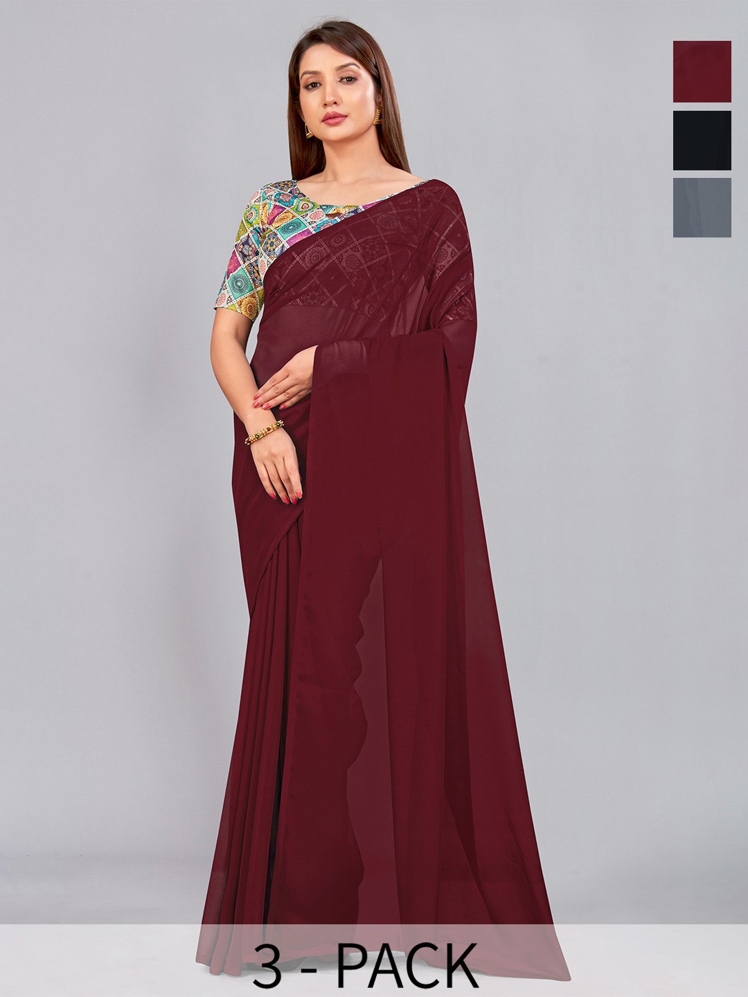 

CastilloFab Selection of 3 Pure Georgette Saree, Maroon