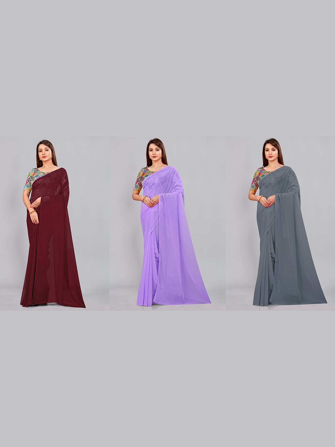 

CastilloFab Selection Of 3 Ethnic Pure Georgette Sarees, Maroon