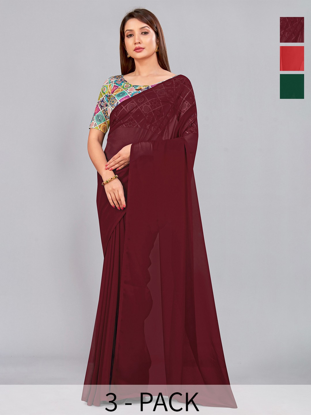 

CastilloFab Selection Of 3 Pure Georgette Sarees, Maroon