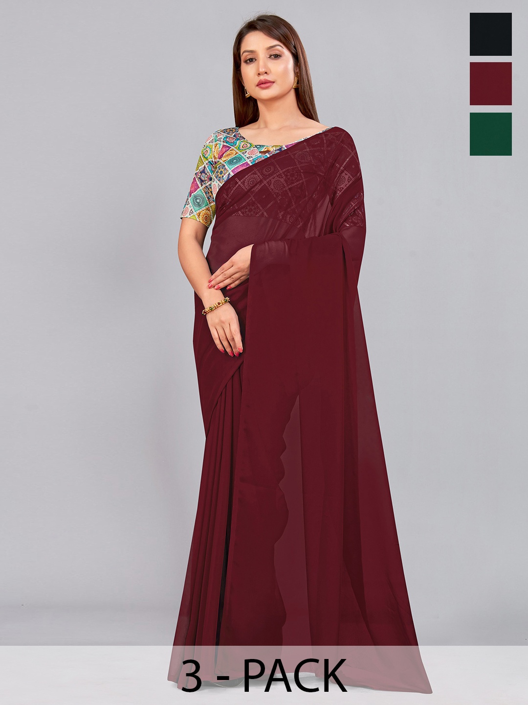 

CastilloFab Selection Of 3 Pure Georgette Saree, Maroon