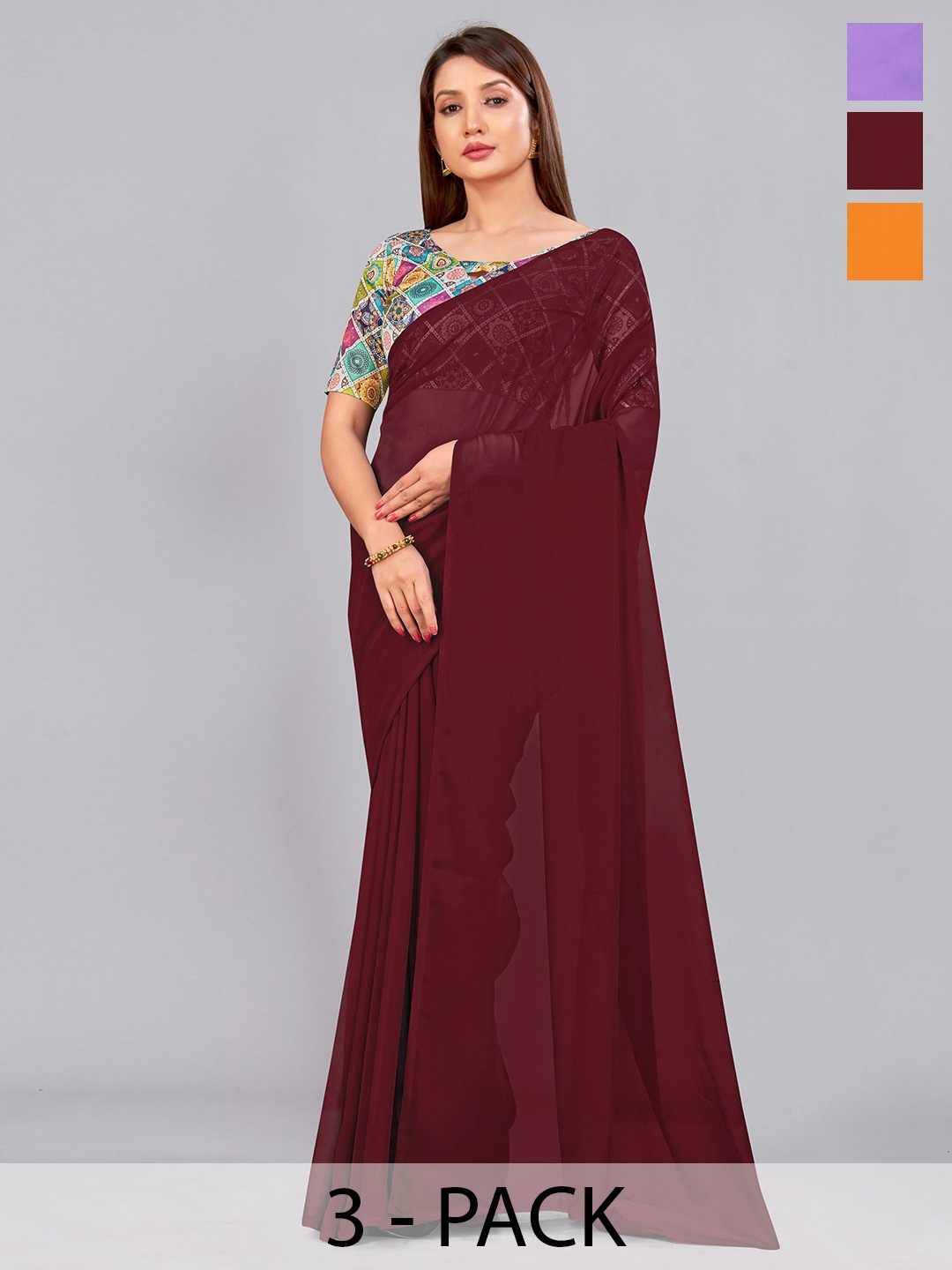 

CastilloFab Selection Of 3 Pure Georgette Saree, Maroon