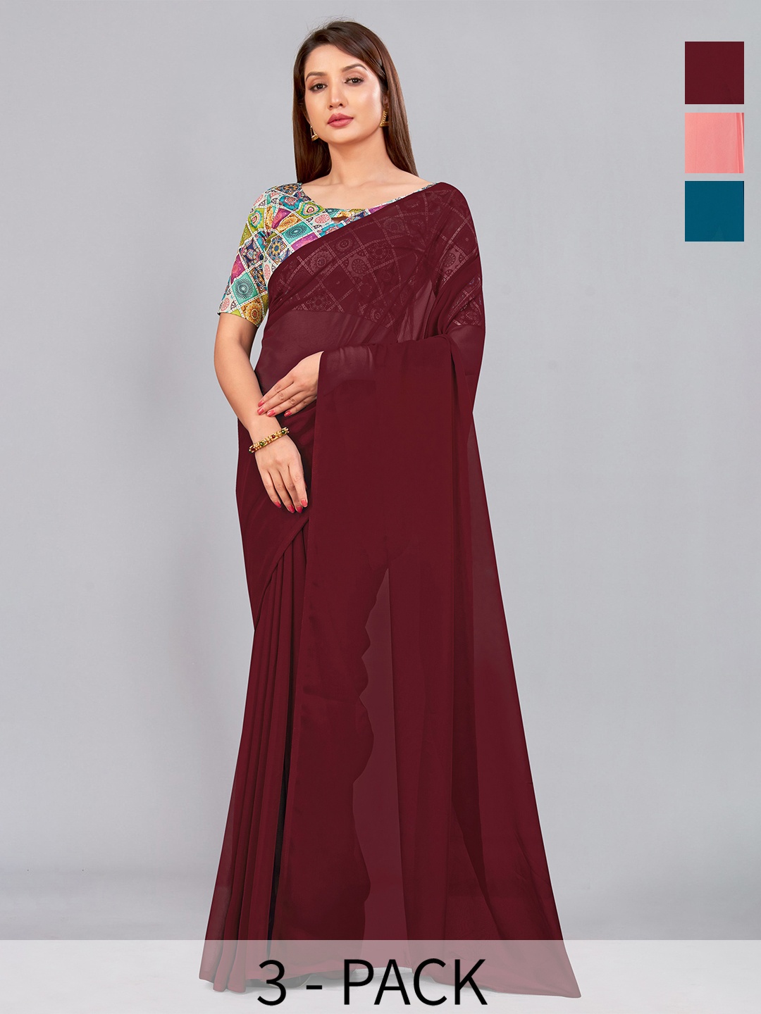 

CastilloFab Selection of 3 Pure Georgette Saree, Maroon