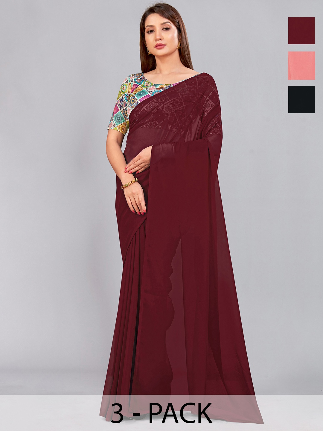 

CastilloFab Selection Of 3 Pure Georgette Saree, Maroon