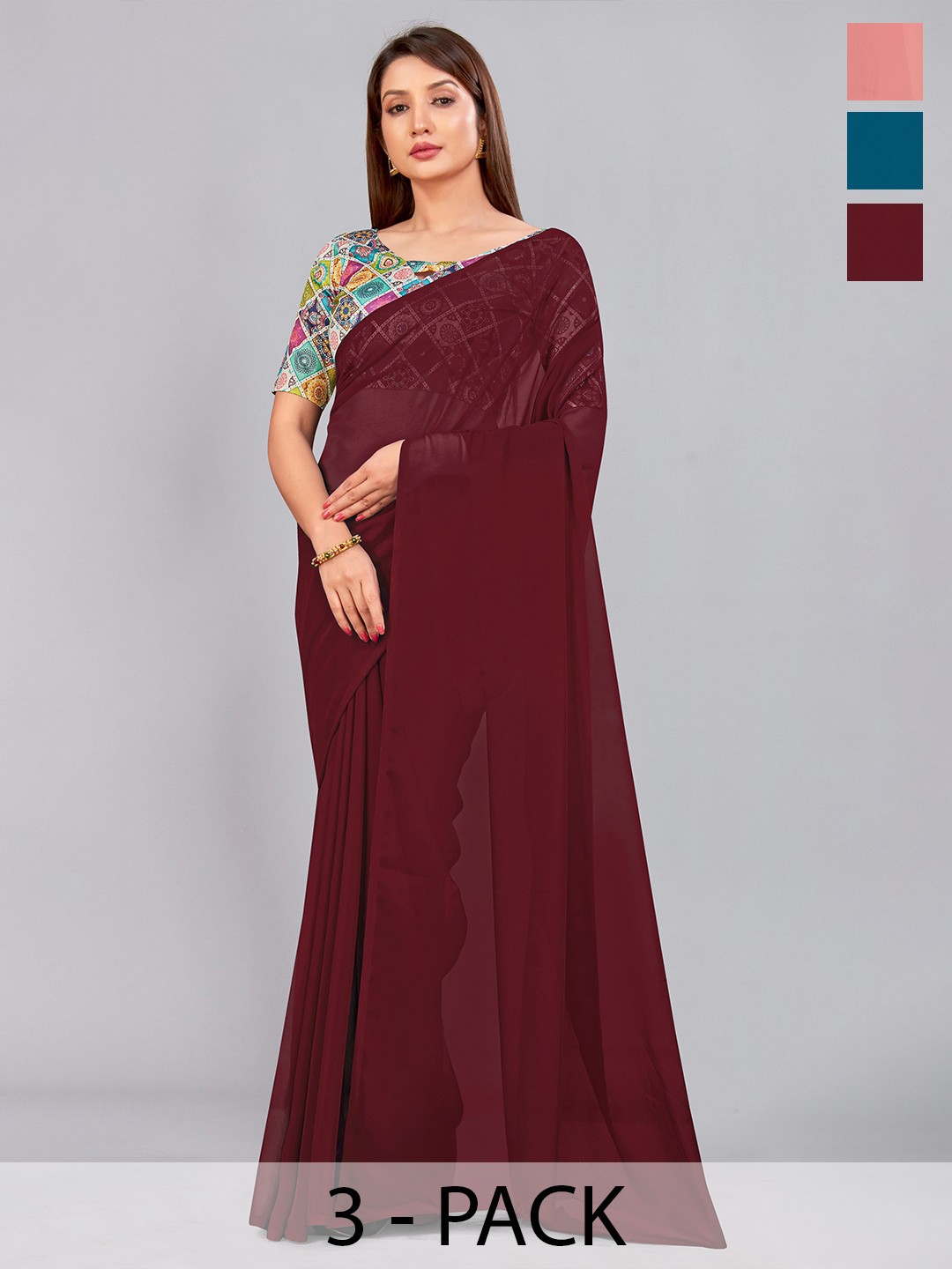 

CastilloFab Selection Of 3 Pure Georgette Saree, Maroon