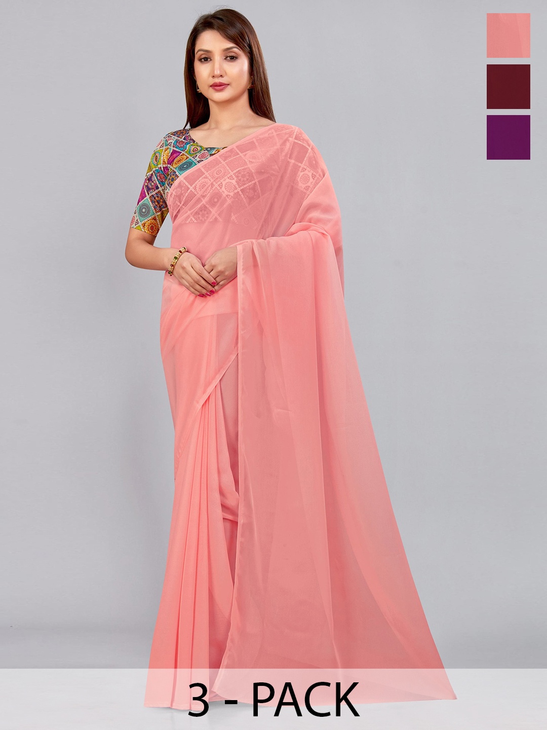 

CastilloFab Selection of 3 Pure Georgette Saree, Maroon