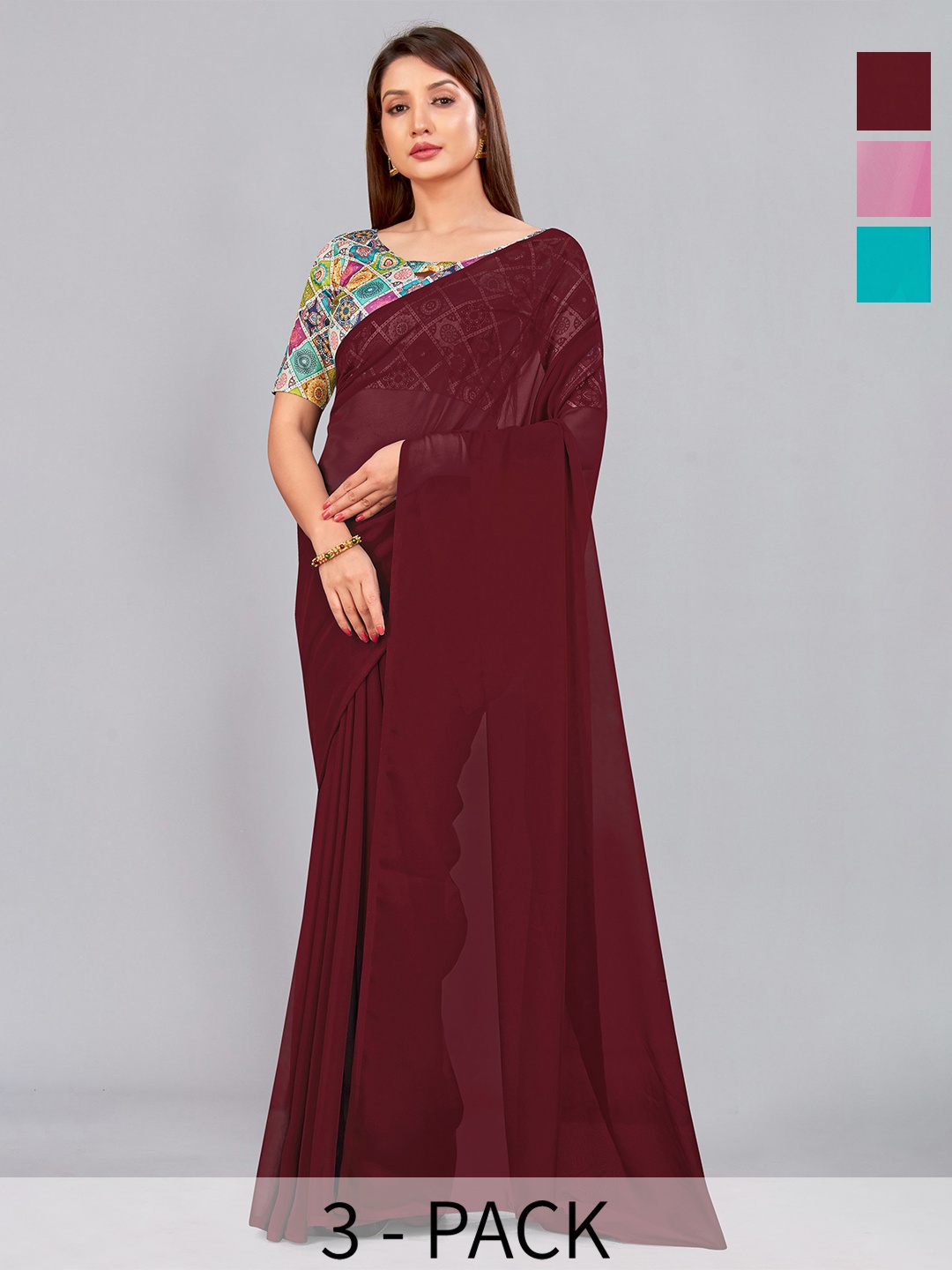 

CastilloFab Selection of 3 Pure Georgette Saree, Maroon
