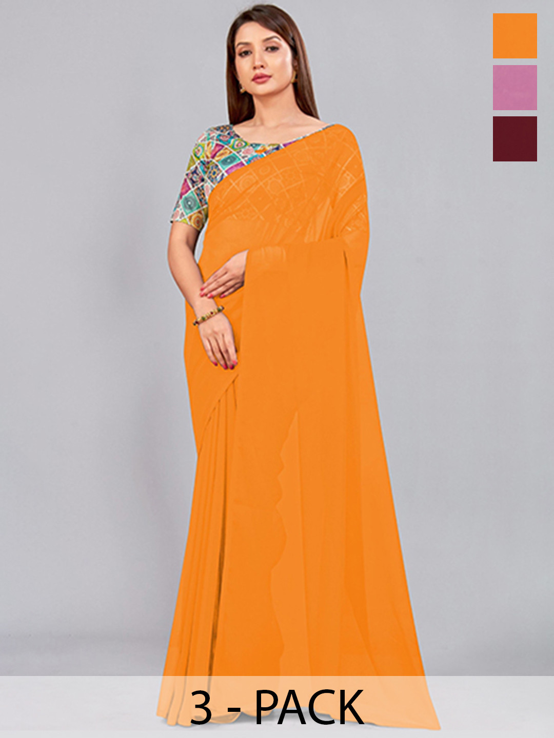 

CastilloFab Selection of 3 Pure Georgette Saree, Maroon