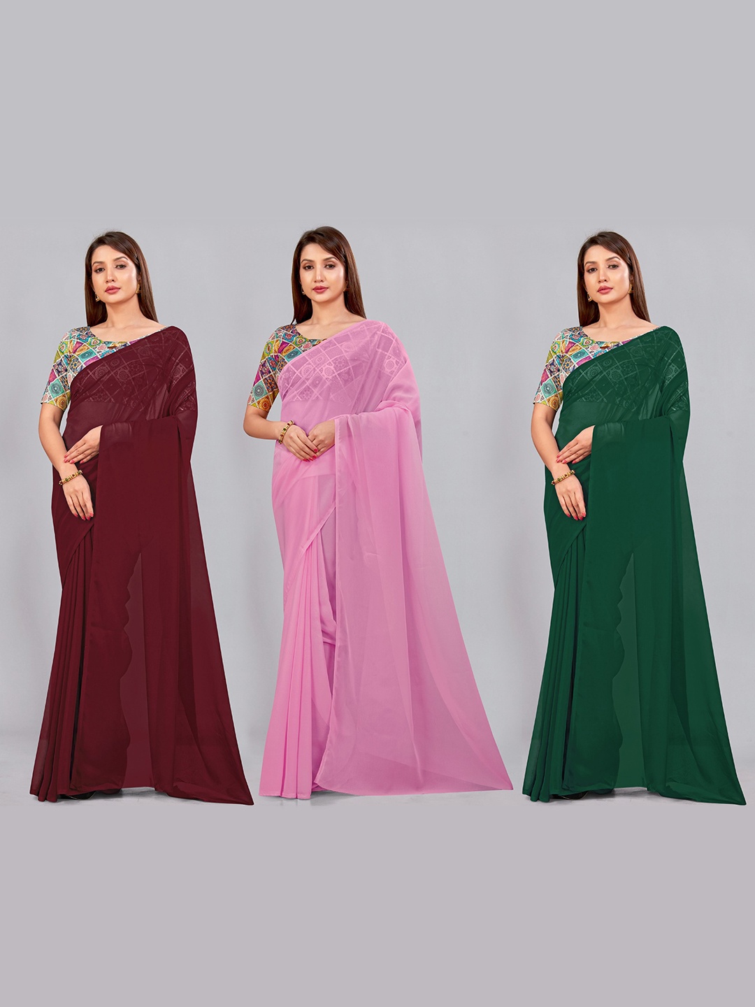 

CastilloFab Selection of 3 Pure Georgette Saree, Maroon