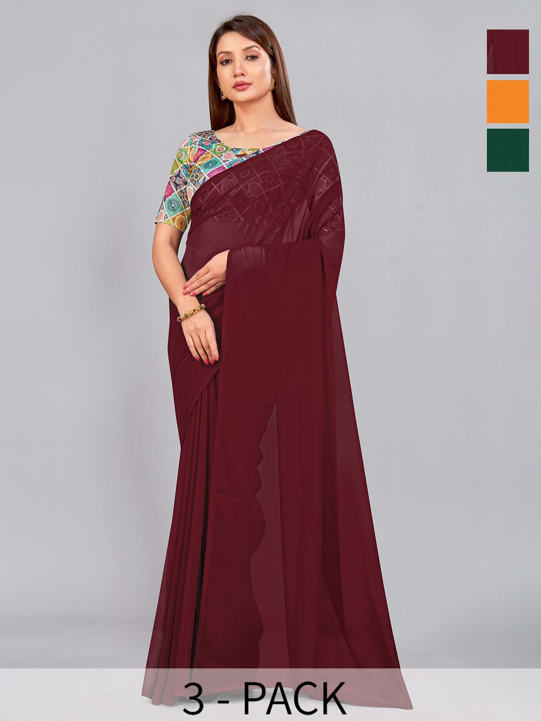 

CastilloFab Selection of 3 Pure Georgette Saree, Maroon