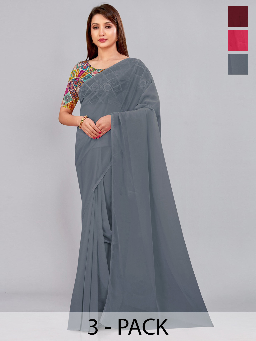 

CastilloFab Selection of 3 Pure Georgette Saree, Maroon