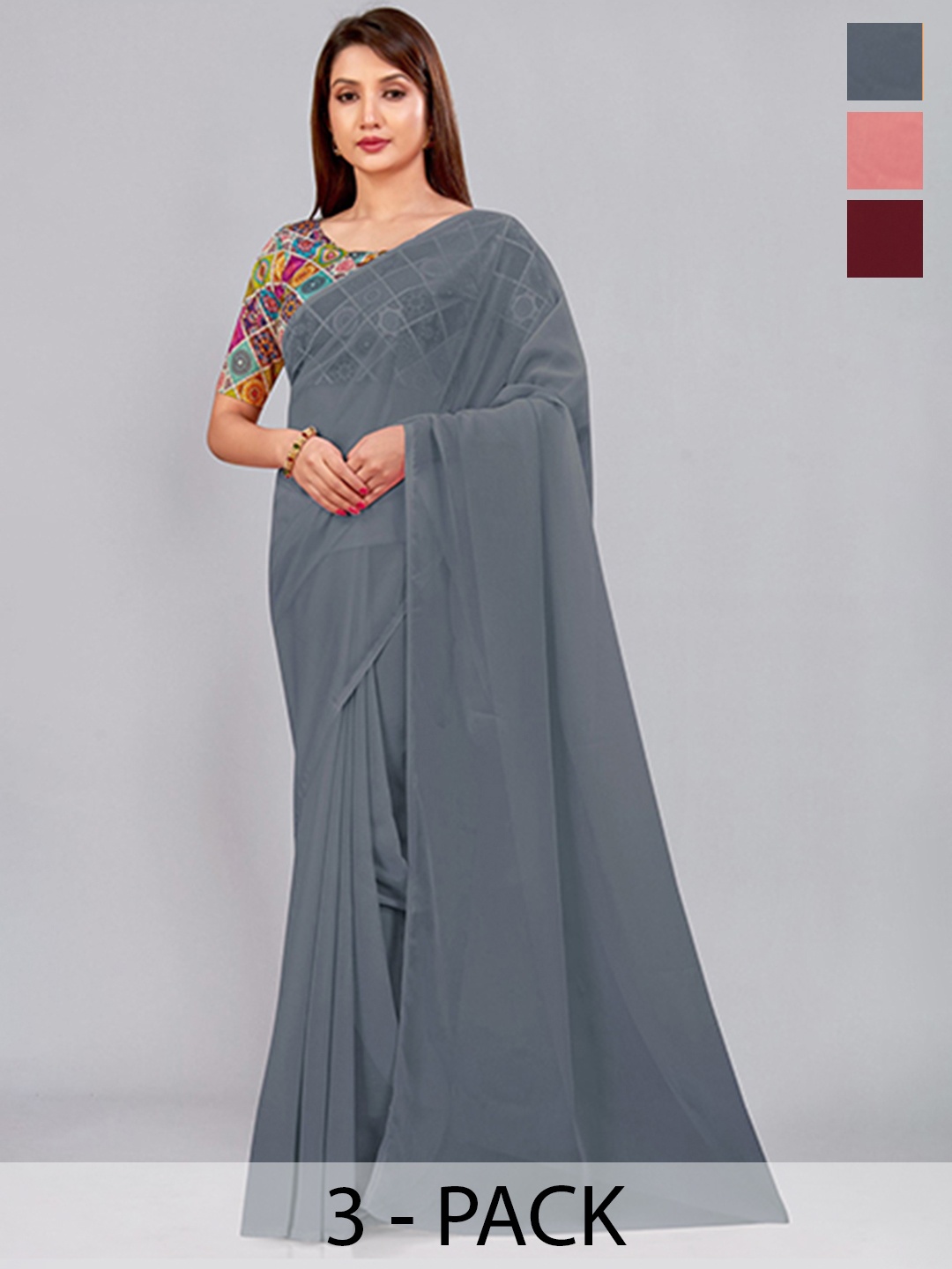 

CastilloFab Selection of 3 Pure Georgette Saree, Maroon