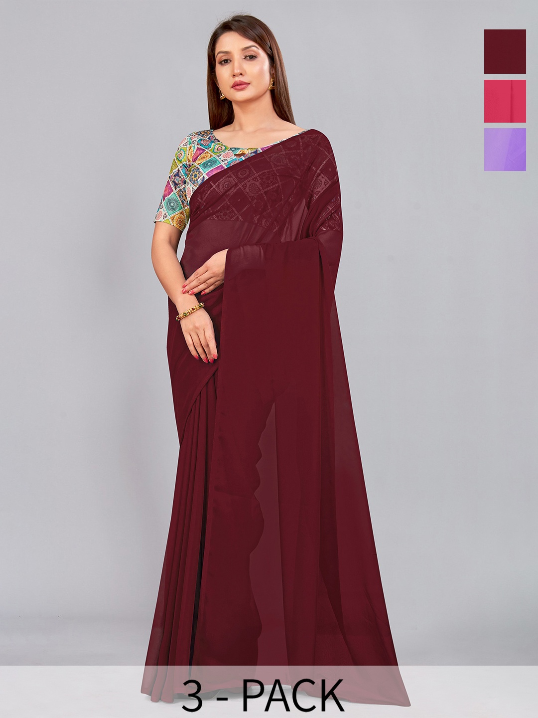 

CastilloFab Selection of 3 Pure Georgette Saree, Maroon