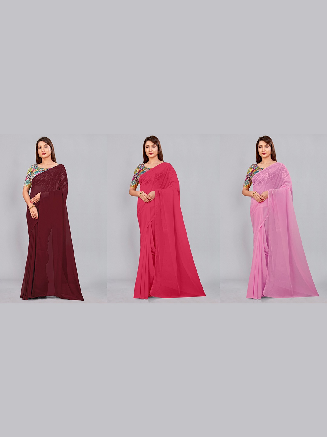 

CastilloFab Selection Of 3 Ethnic Pure Georgette Sarees, Maroon