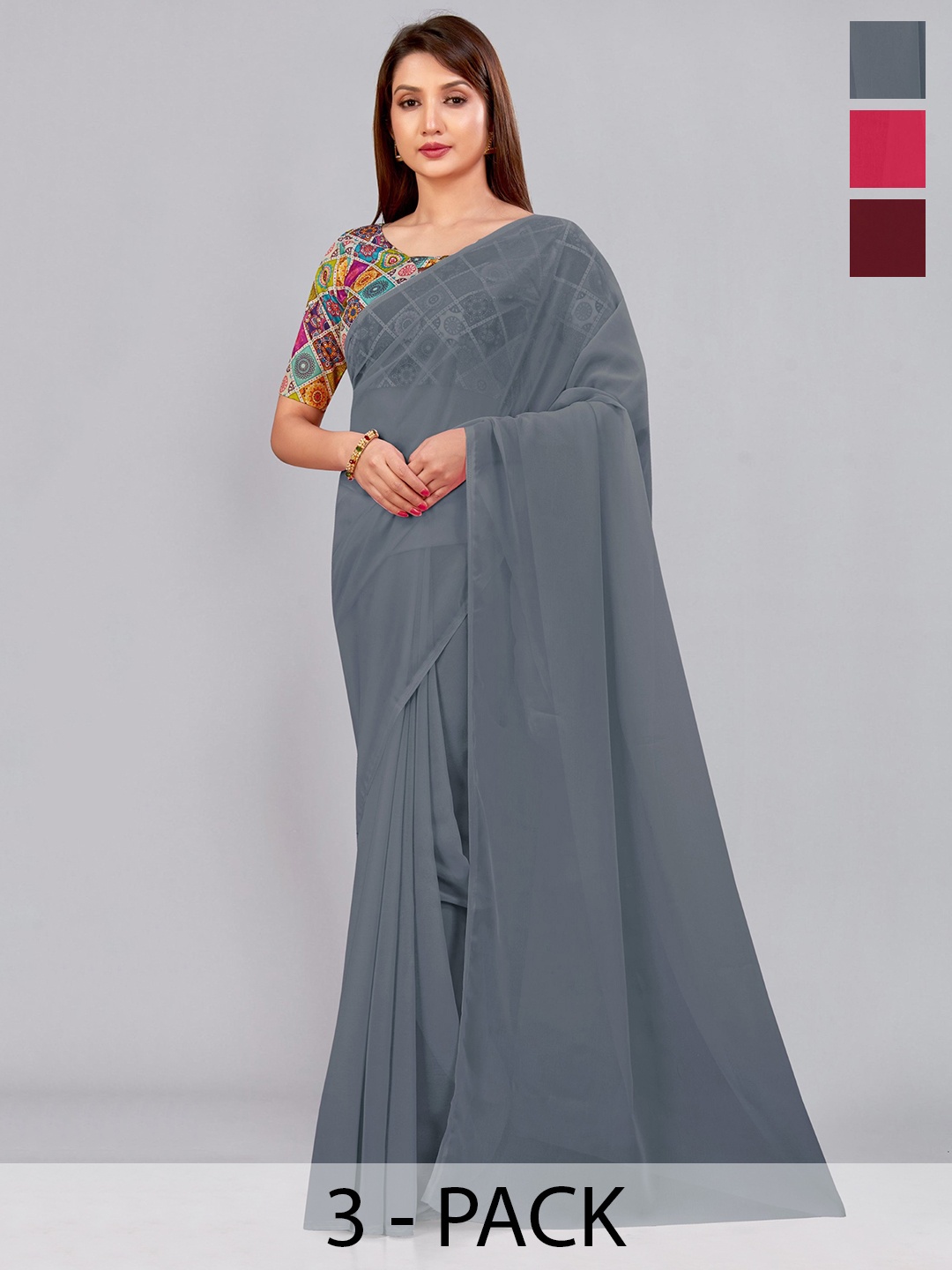 

CastilloFab Selection Of 3 Pure Georgette Saree, Maroon
