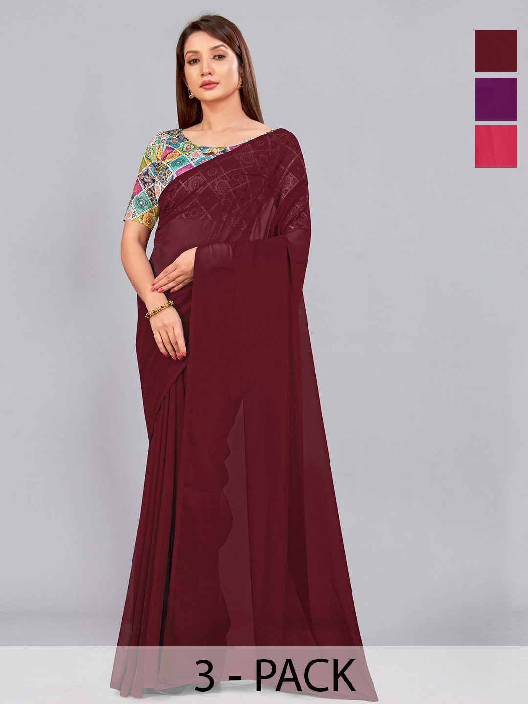

CastilloFab Selection of 3 Pure Georgette Saree, Maroon