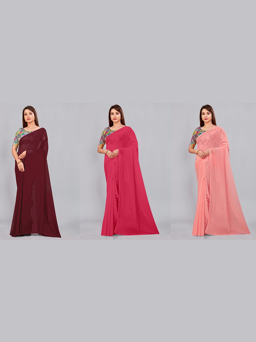 

CastilloFab Selection Of 3 Ethnic Pure Georgette Sarees, Maroon