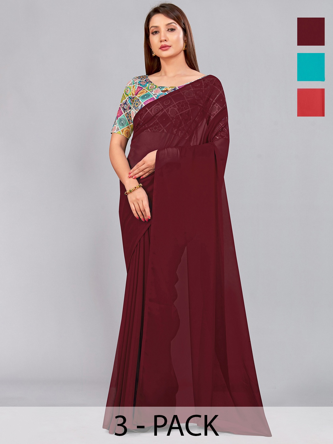

CastilloFab Selection Of 3 Pure Georgette Saree, Maroon