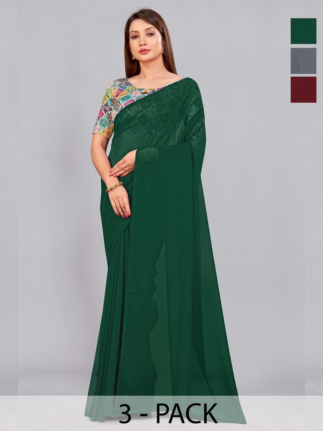 

CastilloFab Selection Of 3 Pure Georgette Sarees, Maroon