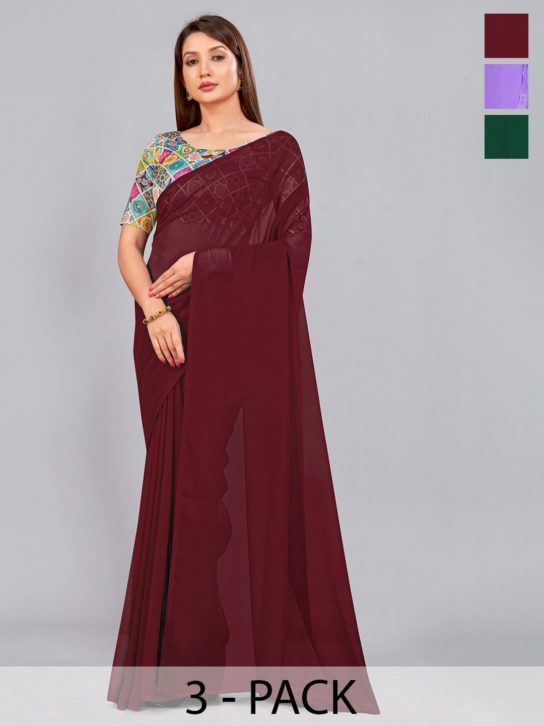 

CastilloFab Selection of 3 Pure Georgette Saree, Maroon