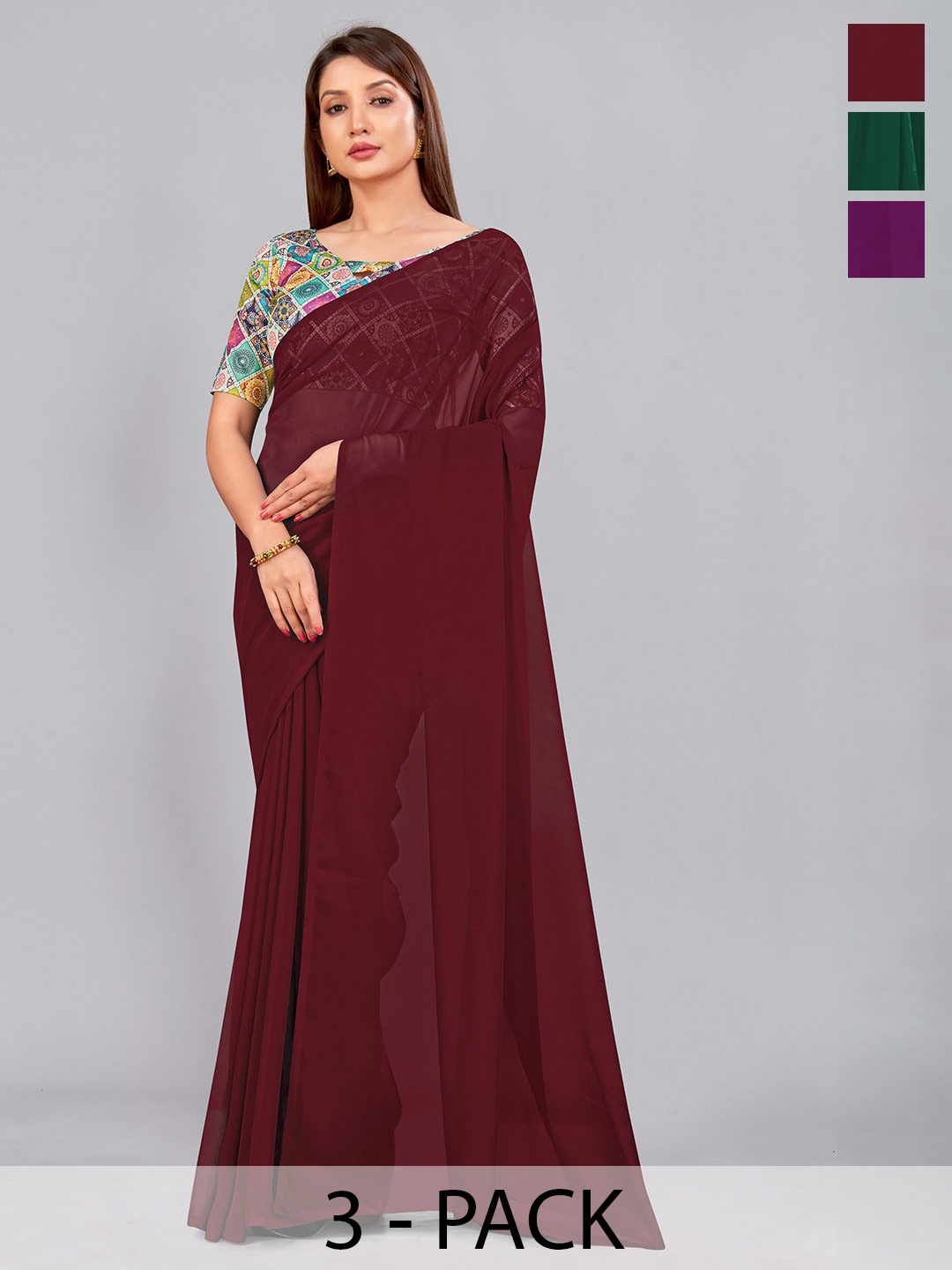 

CastilloFab Selection of 3 Pure Georgette Saree, Maroon