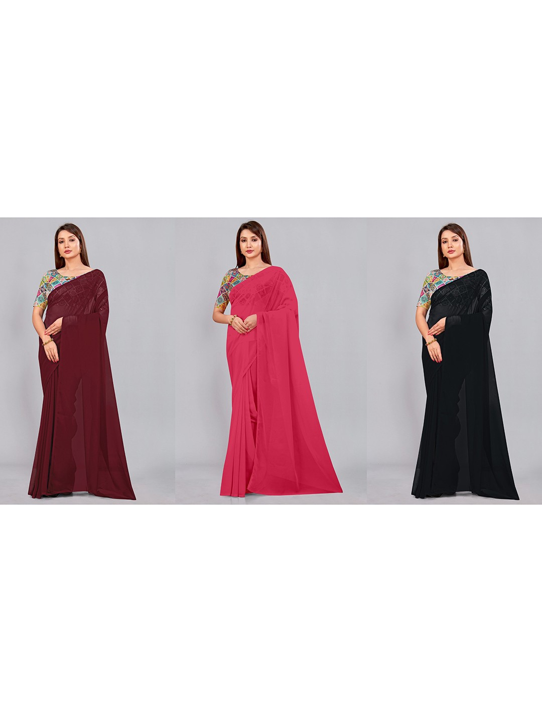 

CastilloFab Selection of 3 Pure Georgette Saree, Maroon