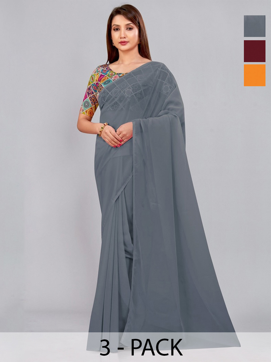 

CastilloFab Selection Of 3 Pure Georgette Sarees, Maroon