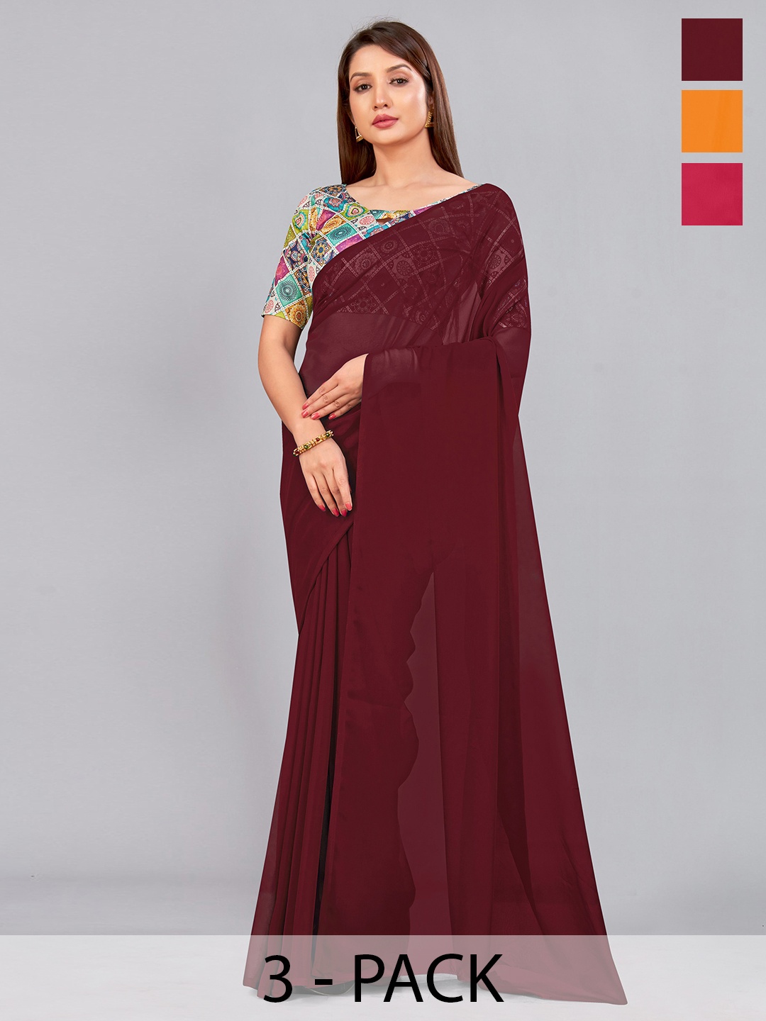 

CastilloFab Selection Of 3 Pure Georgette Saree, Maroon