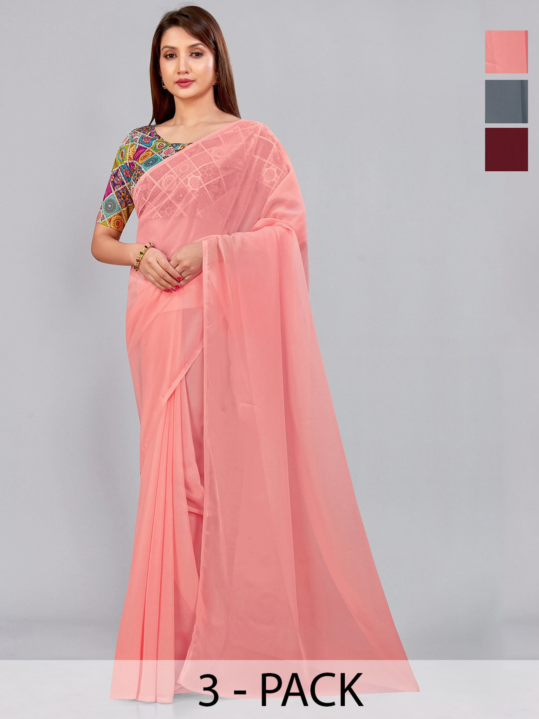 

CastilloFab Selection Of 3 Pure Georgette Sarees, Maroon