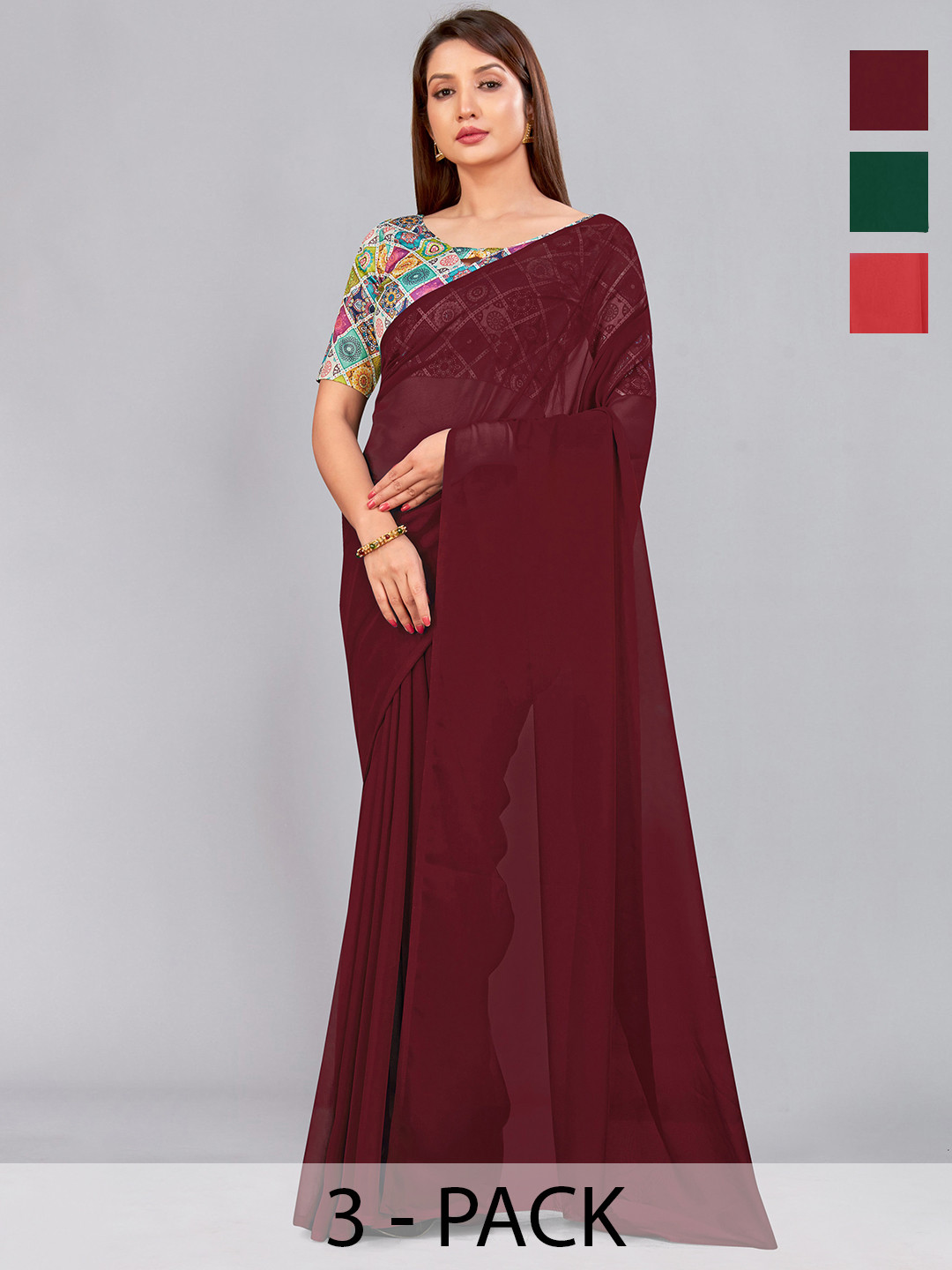 

CastilloFab Selection Of 3 Pure Georgette Saree, Maroon