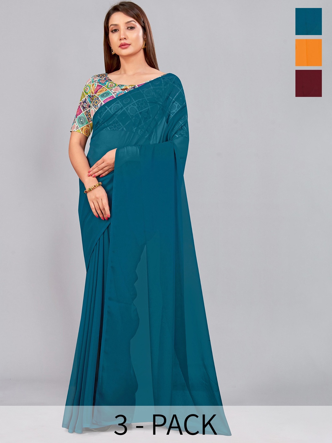 

CastilloFab Selection Of 3 Pure Georgette Saree, Maroon