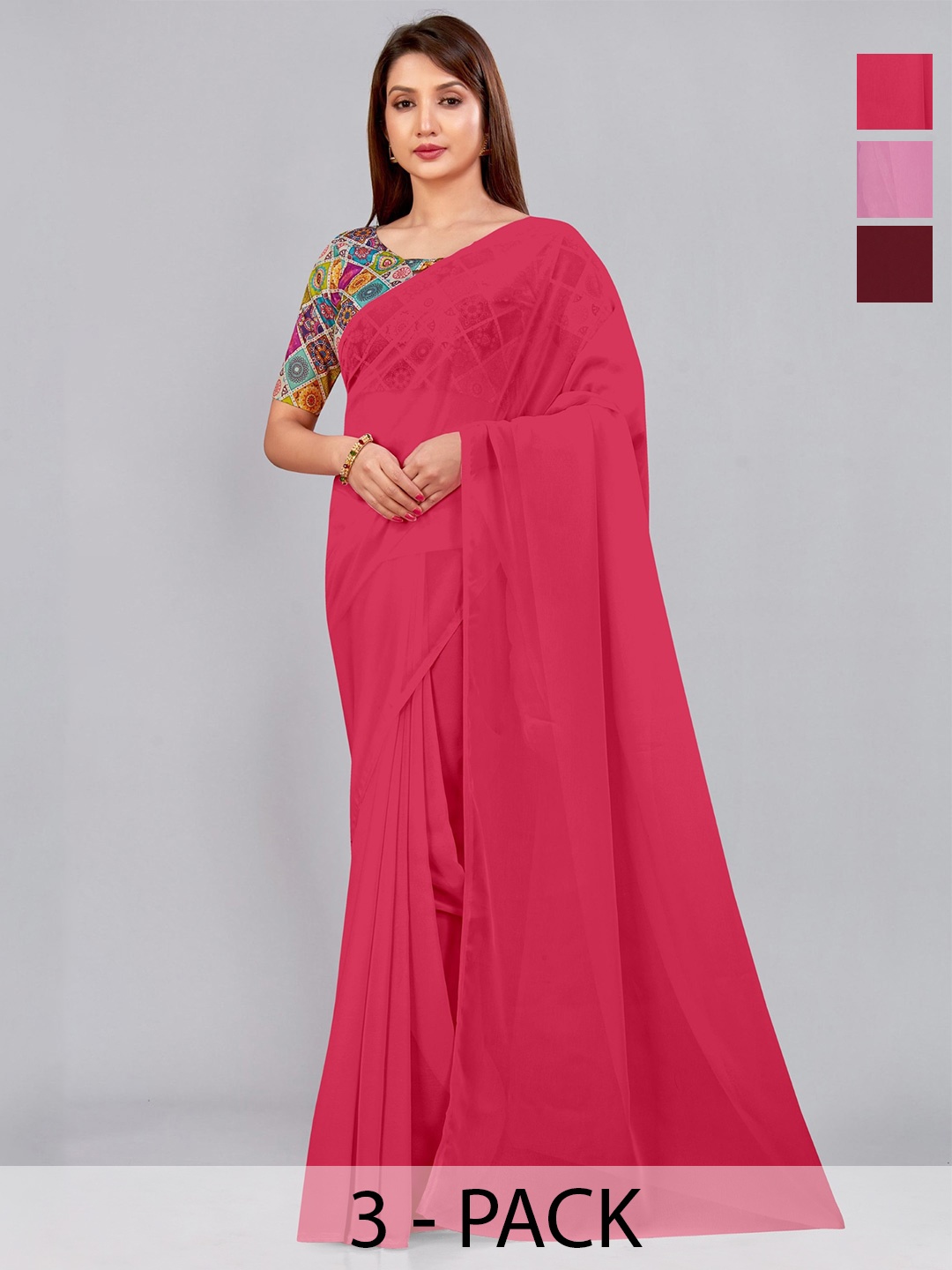 

CastilloFab Selection of 3 Pure Georgette Saree, Maroon