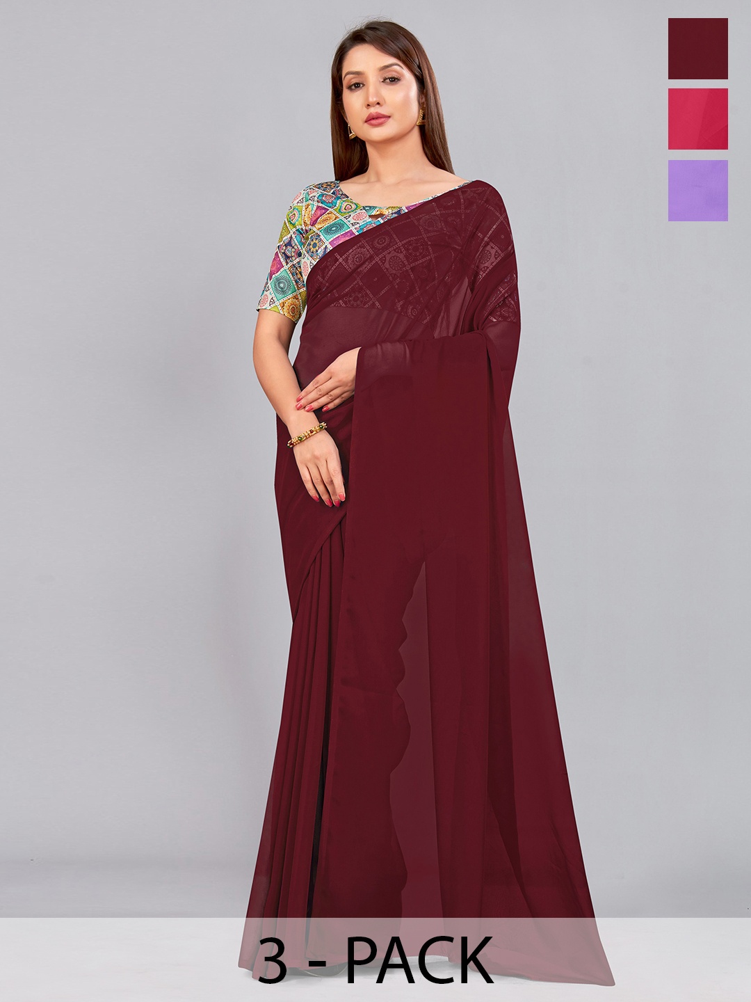 

CastilloFab Selection Of 3 Pure Georgette Saree, Maroon