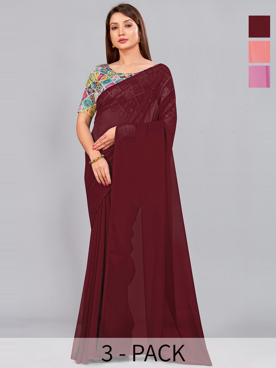 

CastilloFab Selection Of 3 Pure Georgette Sarees, Maroon