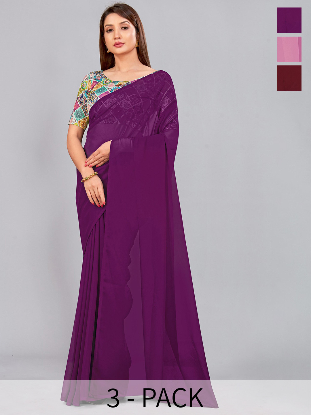 

CastilloFab Selection Of 3 Pure Georgette Saree, Maroon