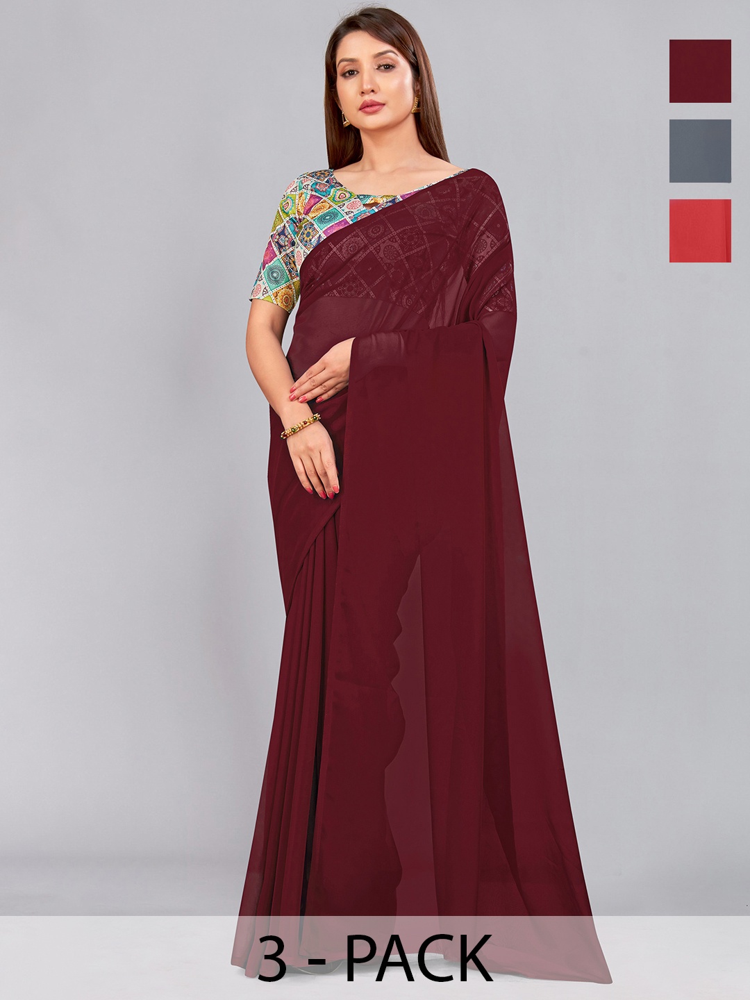 

CastilloFab Selection Of 3 Pure Georgette Saree, Maroon