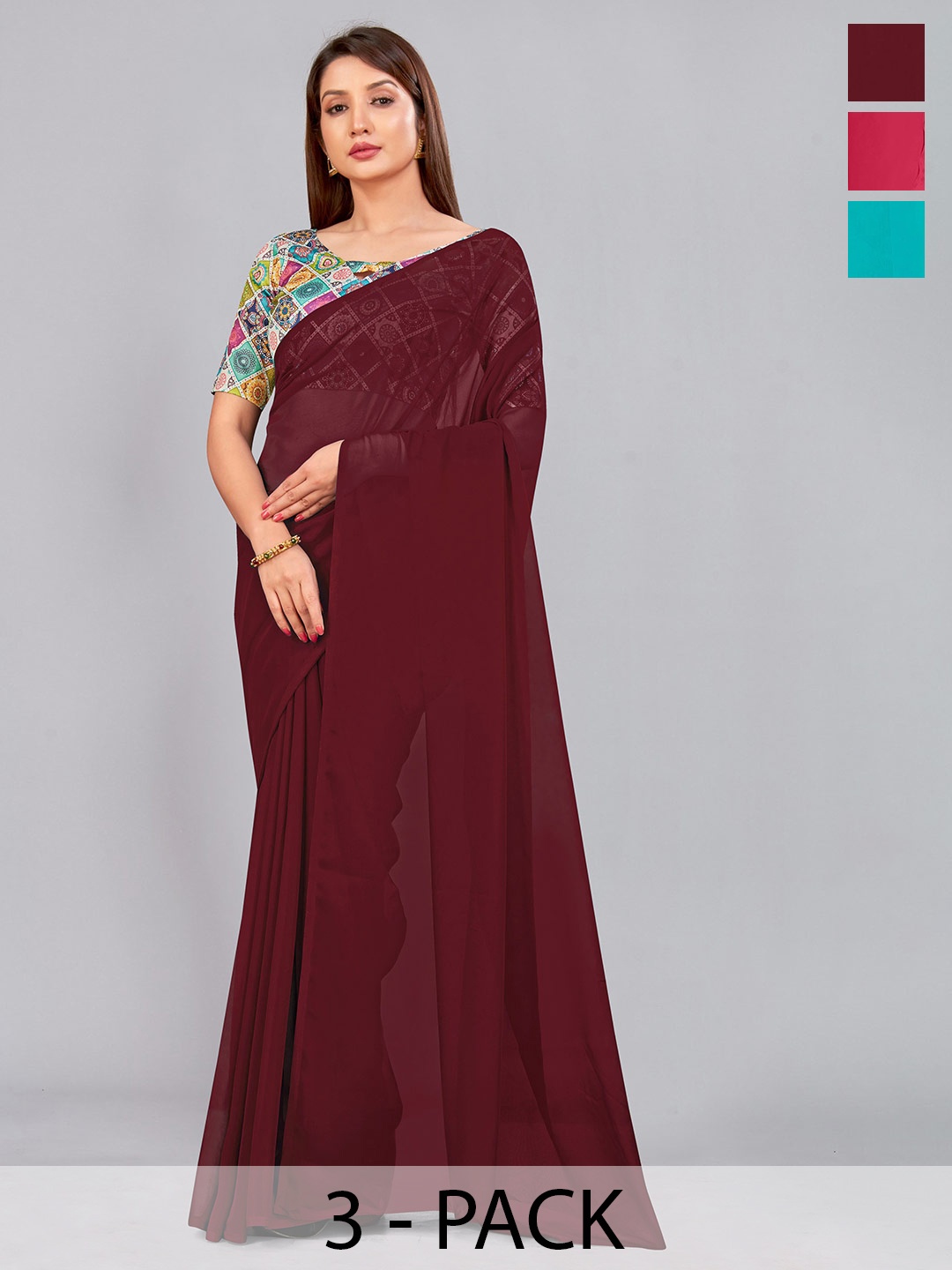 

CastilloFab Selection of 3 Pure Georgette Saree, Maroon