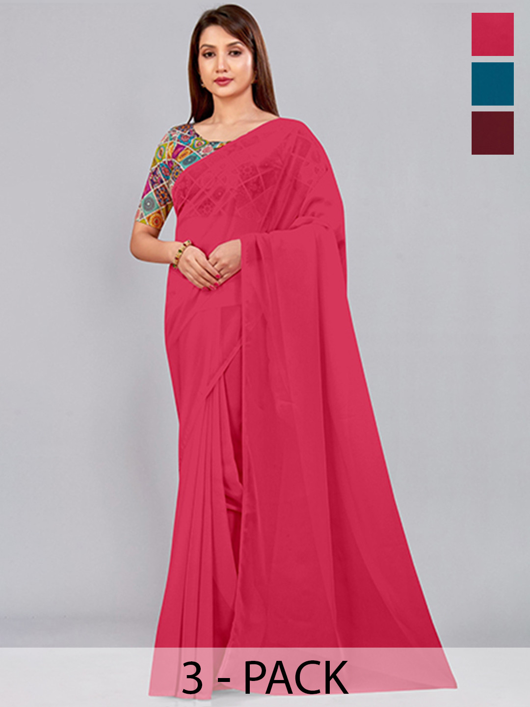 

CastilloFab Selection of 3 Pure Georgette Saree, Maroon